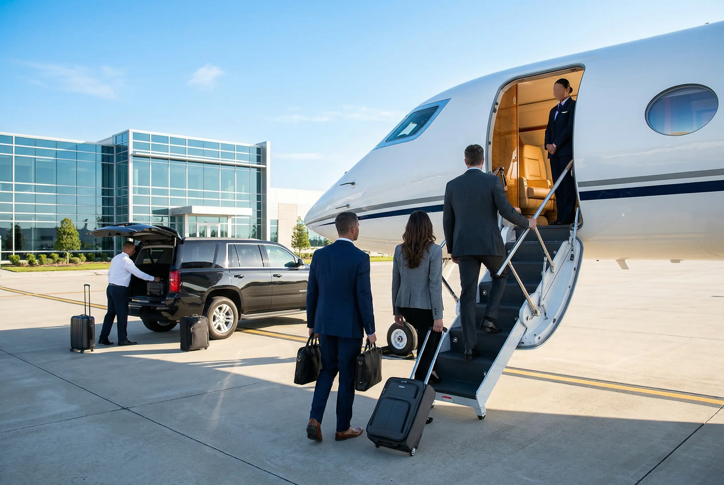 Passengers boarding a Gulfstream G650ER via the forward airstair at a private terminal