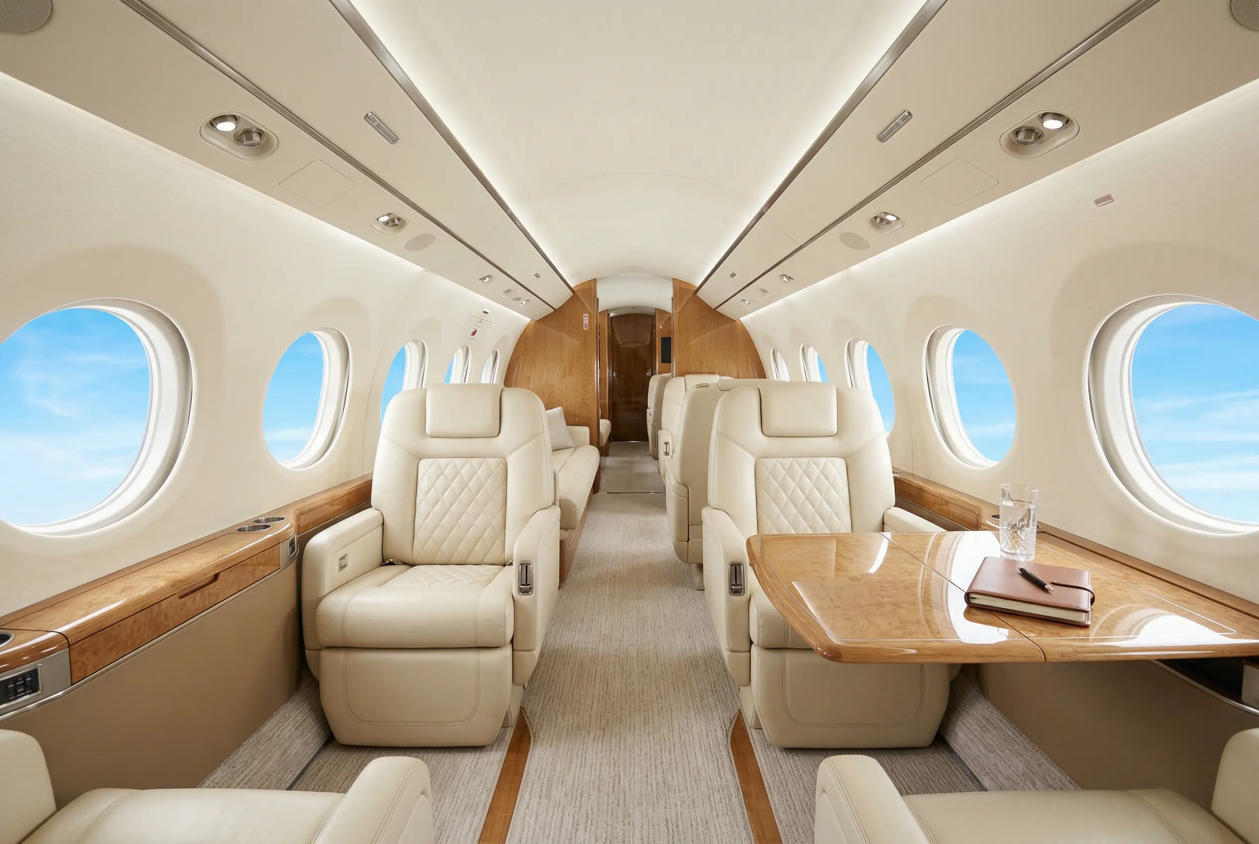 Gulfstream G650 cabin interior — wide-body layout with conference seating and ambient lighting