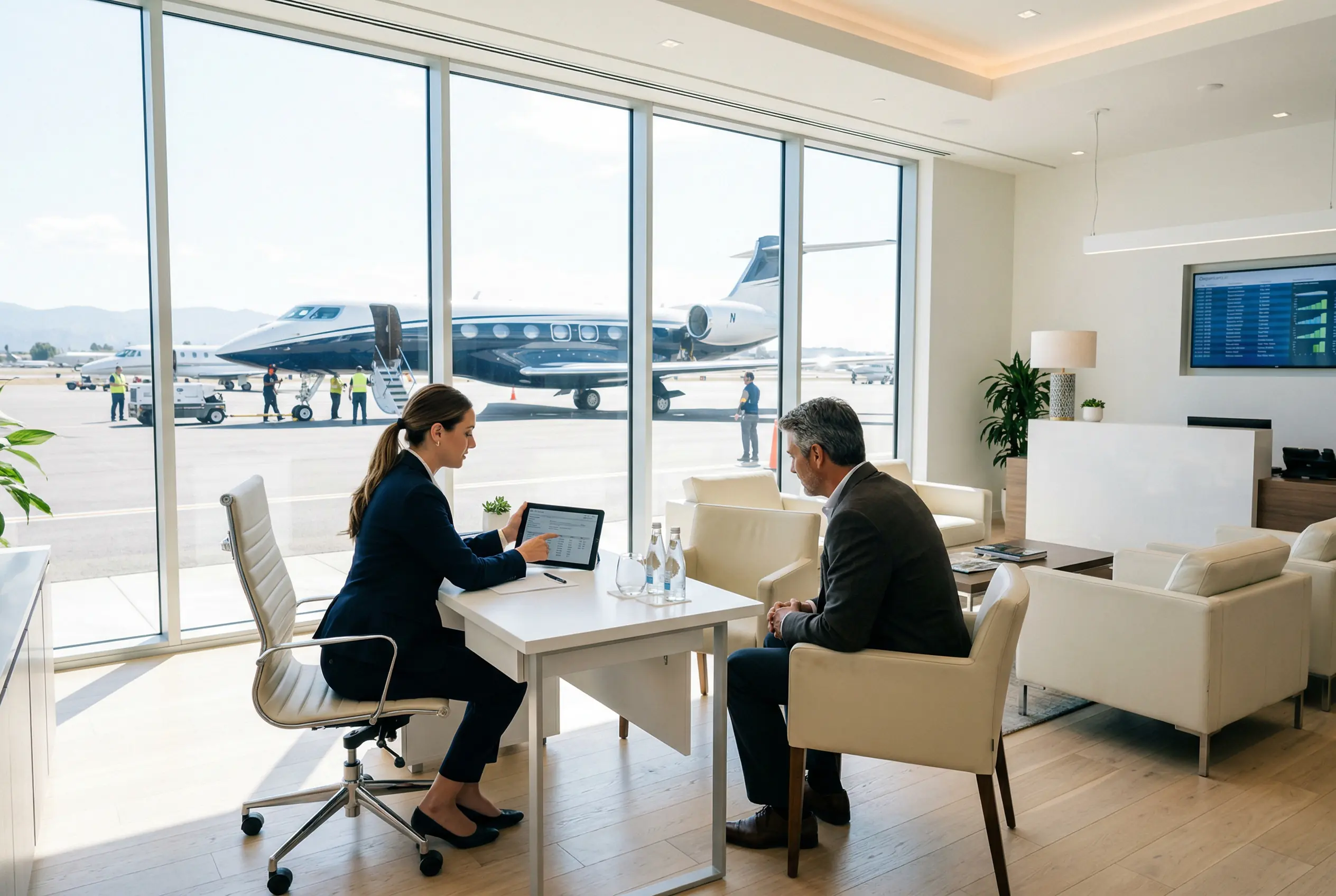 Charter concierge coordinating Gulfstream G650 trip details at a private aviation service desk