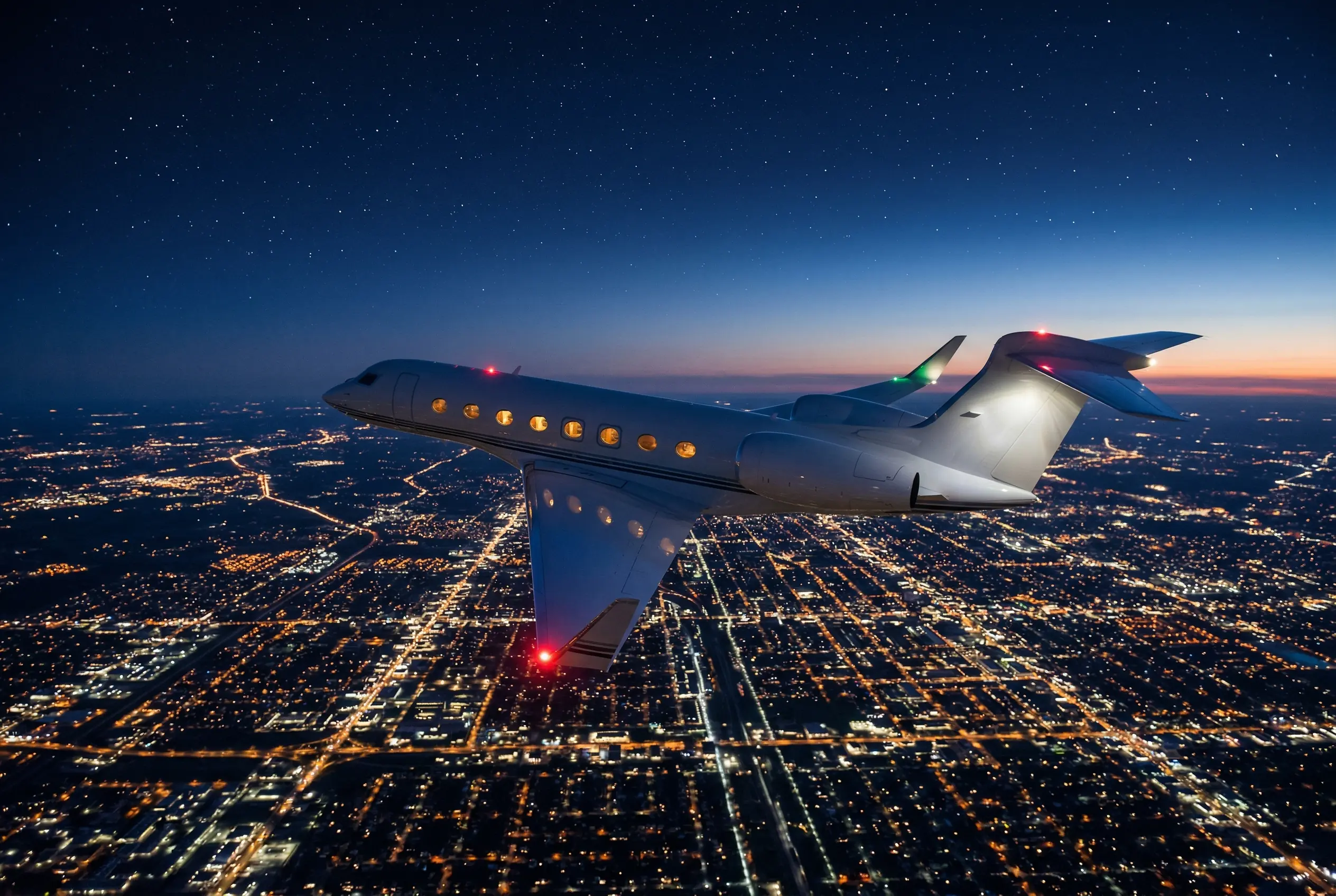 Gulfstream G650ER in flight over city lights during a transcontinental night crossing at 51,000 feet