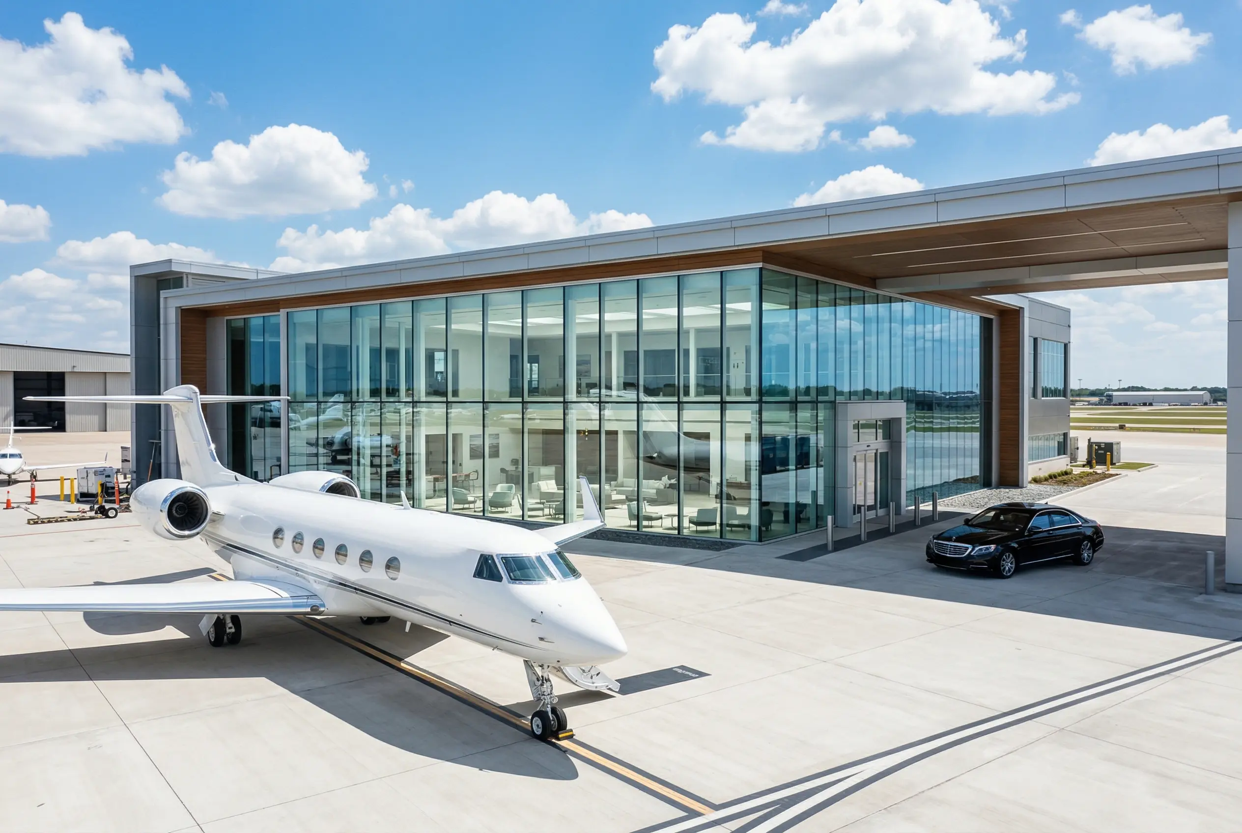 Modern private FBO terminal with a Gulfstream G650ER visible through panoramic windows